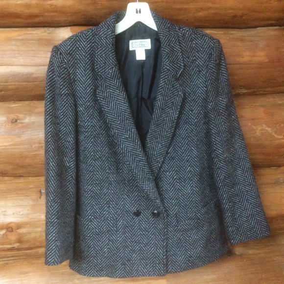 Vintage Cristina's Gray Herringbone Lined Wool Blend 80s/90s Blazer Size 13/14 - Picture 1 of 5
